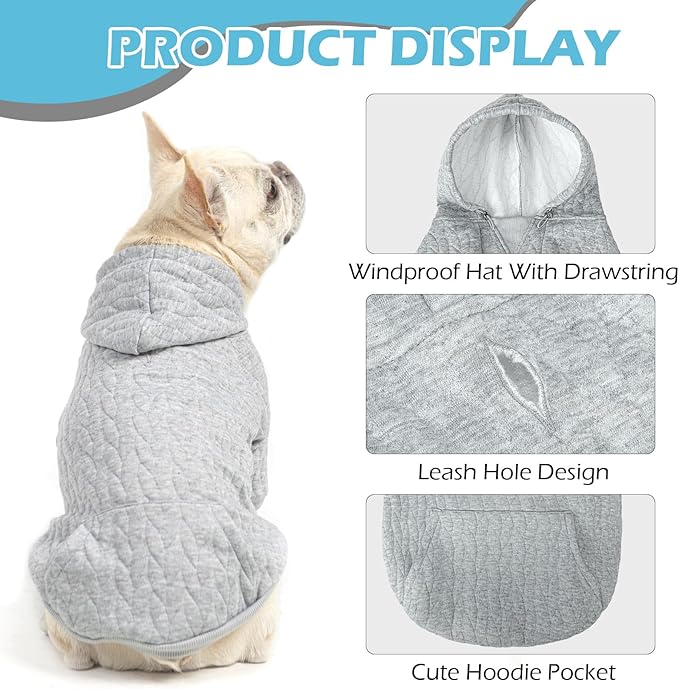 EXPAWLORER Textured Cable Knit Basic Dog Hoodie, Elevated Style Dog Sweater with Leash Hole and Pocket, Soft and Warm Pet Winter Coat, Cold Weather Clothes for Small Medium Large Dogs,Grey S