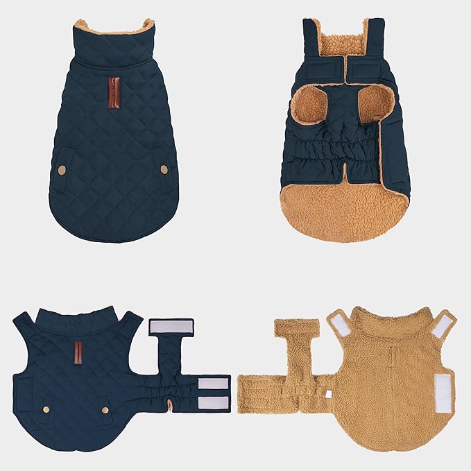 azuza Dog Jacket for Medium Dogs Waterproof & Windproof Dog Coat for Small Dogs with Thick Fleece, High Collar with Leash Hole, Adjustable Velcro & Elastic Belly, Navy 2XL