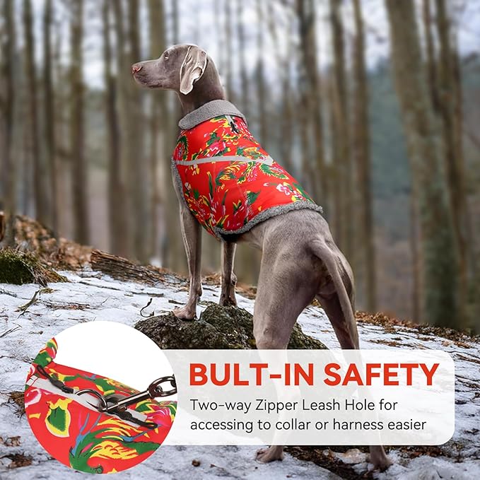 VIVAGLORY Snowrap Dog Coat, Jacket with Harness Hole & Velcro Closure, Dog Coat for Winter & Cold Weather, Fluffy Warm Fleece Lined Reflective Water Resistant for Puppy, XS, Northeast Florals-Red