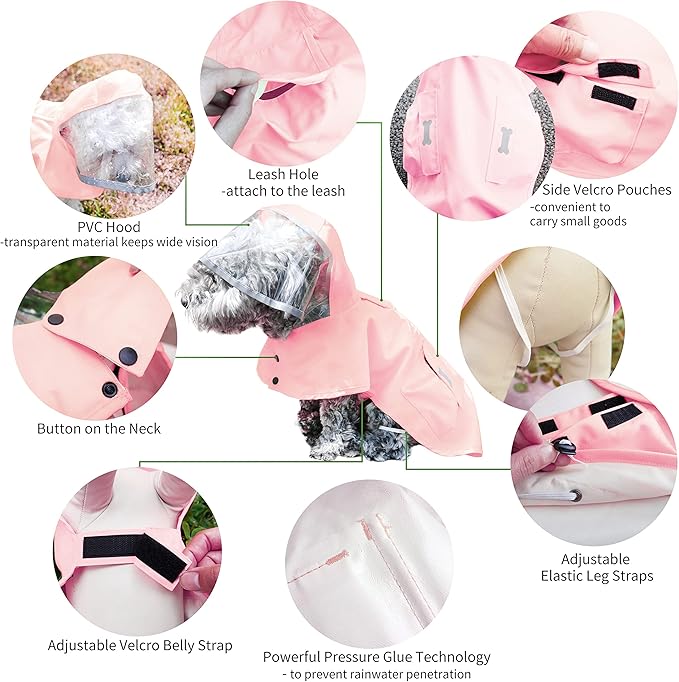 Dog Raincoat,Waterproof Rain Poncho with Hoodie, High Reflective Adjustable Pet Rain Jacket with Leash Hole for Small Medium and Large Dogs (Pink, X-Small)
