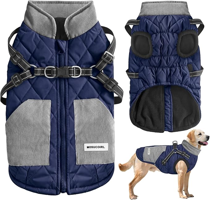 Mosucoirl Warm Dog Coats Pet Clothes, Waterproof Dogs Jacket Reflective Pet Outfits Winter Dog Cold Weather Coat Cozy Snow Jackets Vest for Small Medium Large Dogs Puppy Doggie (NavyBlue, XL)