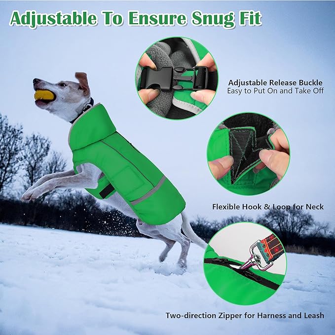 Dogcheer Warm Dog Coat, Waterproof Dog Jacket Christmas Puppy Winter Coat with Buckle, Reflective Adjustable Pet Snow Jacket Turtleneck Fleece Sweater for Small Medium Large Dogs - Green, 2XL