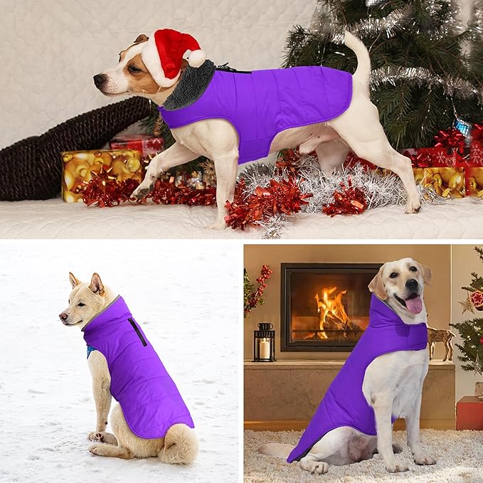 Dog Winter Coat, Waterproof Dog Jacket with Leash Hole, Reflective Adjustable Pet Snow Vest, Warm Fleece Sweater for Small Medium Large Dogs - Purple, XL