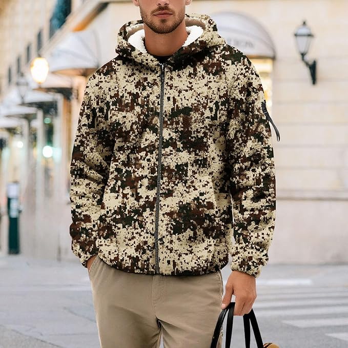 Men's Camouflage Hunting Fleece Lined Hoodie Camo Jackets Zip Up Long Sleeve Casual Winter Coats Hood Outerwear