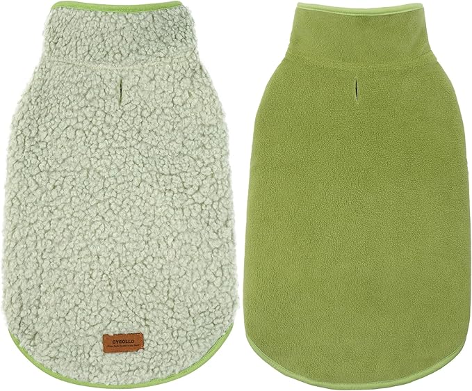 cyeollo Warm Dog Coat Fleece Sherpa Winter Sweater Coats, Turtleneck Dog Jacket Vest for Small Medium Large Dogs with Leash Hole, Soft Reversible Pet Coats for Cold Weather, Green, L