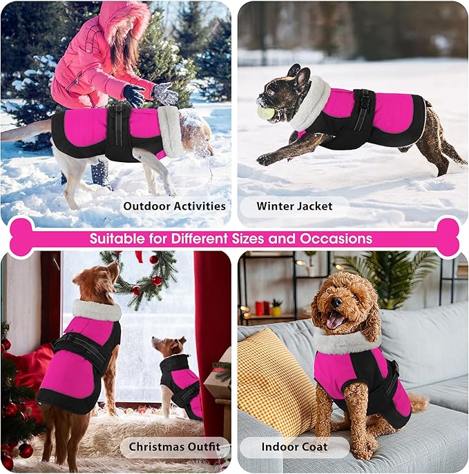 Dogcheer Waterproof Dog Coat, Christmas Dog Winter Jacket, Adjustable Puppy Fleece Coat for Cold Weather, Reflective Turtleneck Snow Jacket for Small Medium Large Dogs - Pink, L