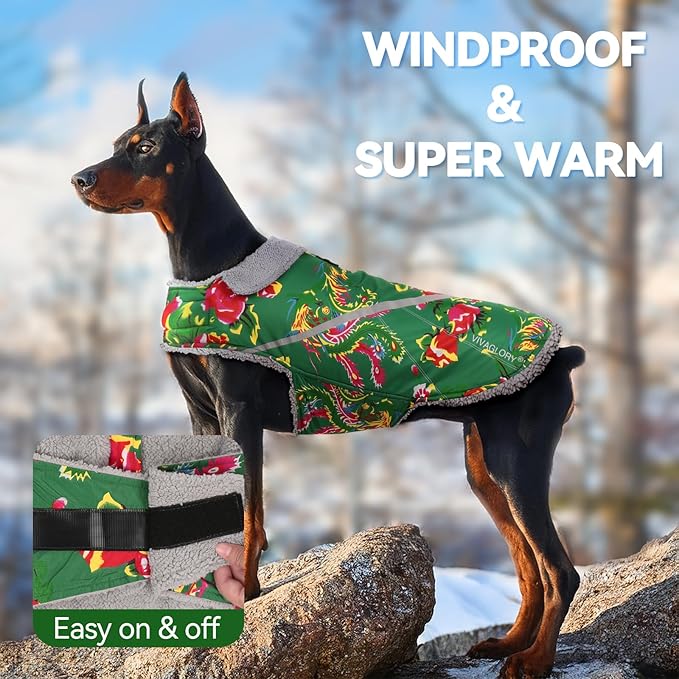 VIVAGLORY Snowrap Dog Coat, Jacket with Harness Hole & Velcro Closure, Dog Coat for Winter & Cold Weather, Fluffy Warm Fleece Lined Reflective Water Resistant for Puppy, XL, Northeast Florals-Green