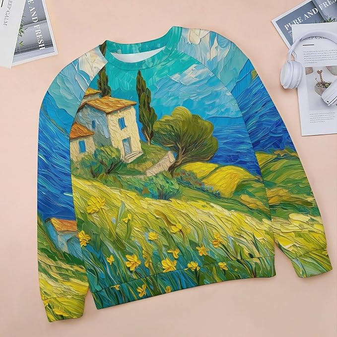 Long Sleeve Shirts for Women Cat Oil Painting Shirt 3D Graphic Sweatshirts Fall Pullover Crewneck Vintage Boho Tops