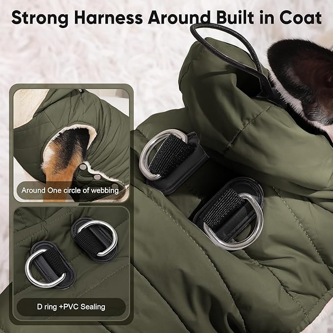 Fleece Lining Dog Hoodie with Harness Built in,Extra Warm Small Dog Jacket in Winter Puppy Coats with Drawstring Hooded,Green M
