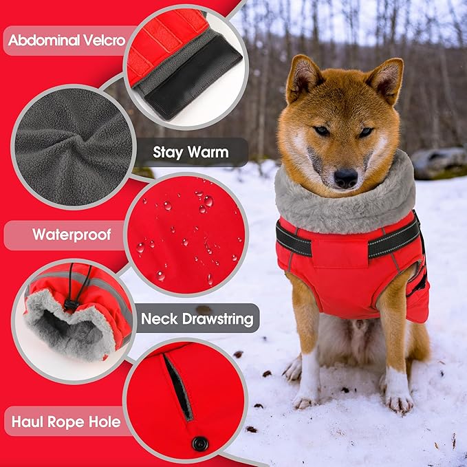 PETDSH Dog Coat Small, Built-in Harness Dog Jacket with Warm Fleece Lining, Waterproof Reflective Dogs Winter Coat, Pet Coats with Pocket and Trash Bags (Red, Small)