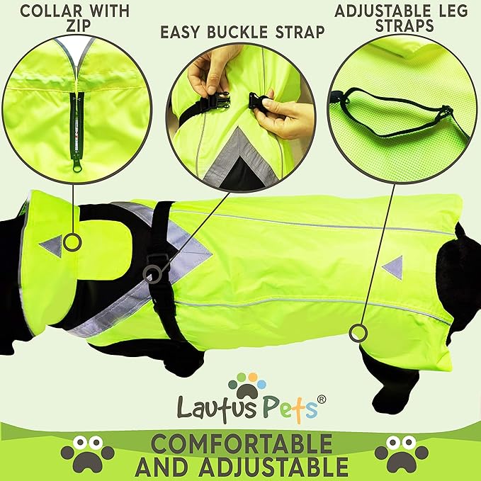 Dog Rain Coat - Waterproof, Reflective, Bright Yellow with Harness Hole (XL, Yellow)