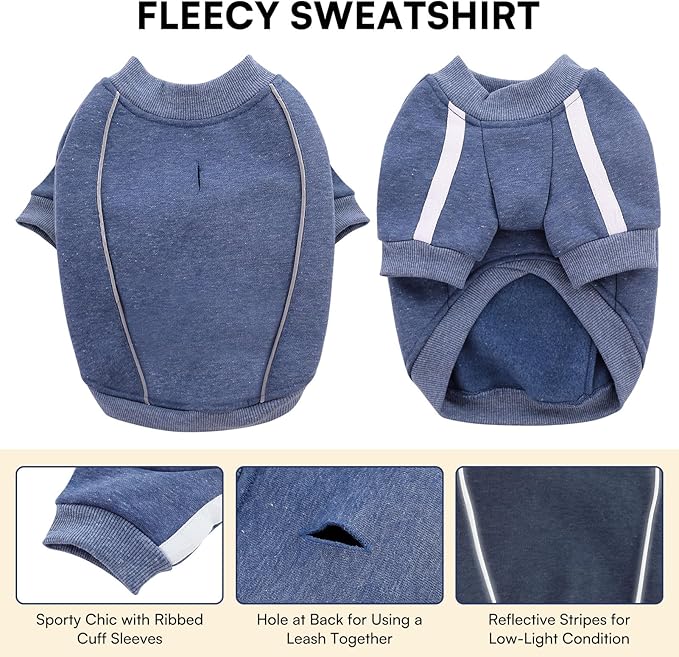 Queenmore Fleece Dog Sweater for Male Dogs, Soft Pullover Dog Sweatshirt with Leash Hole/Reflective Stripes – Cozy Winter Fleece Jacket for Small Medium Large Boy Puppy, Blue S
