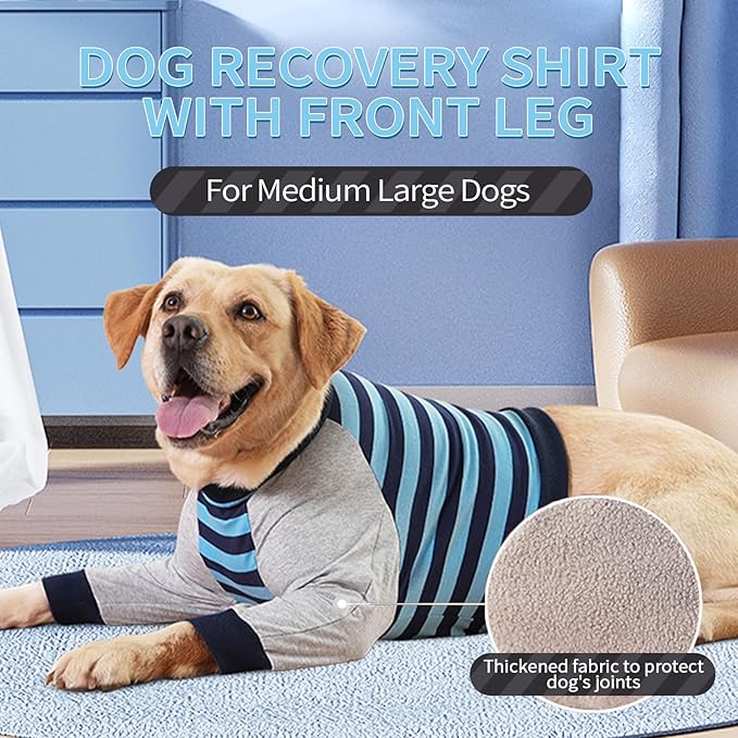 FUAMEY Dog Recovery Sleeve with Elbow Protector,Dogs Shirt Stop Licking Joints,Pet Long Sleeve Suit Protecting Dog's Front Leg Arm Wounds Cover Skin Conditions Blue Stripe XL