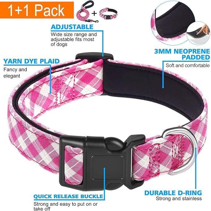 Reflective Dog Collar Padded with Soft Neoprene Breathable Adjustable Nylon Dog Collars for Small Medium Large Dogs (Medium (Pack of 1), Pink Plaid Collar+Leash)