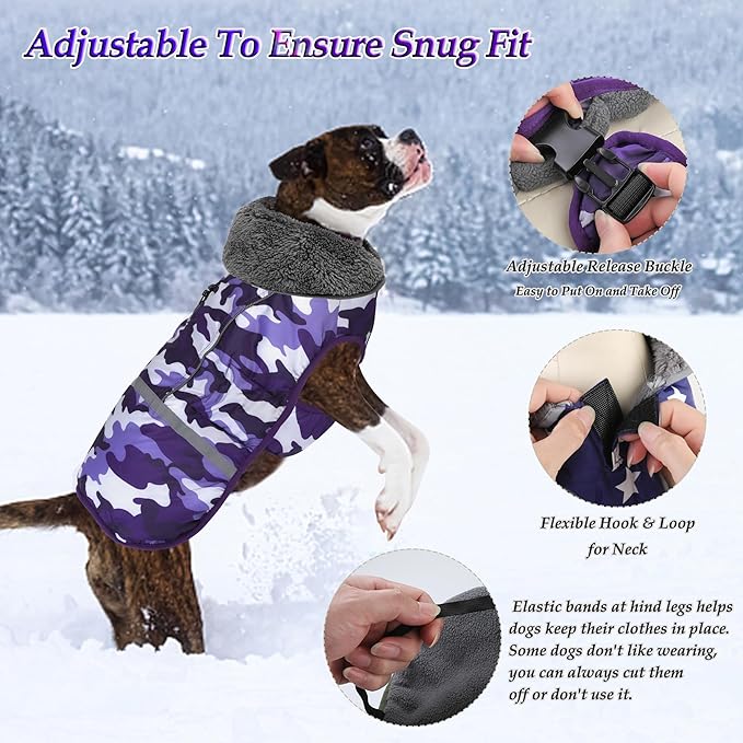 Dogcheer Warm Dog Coat, Waterproof Dog Jacket Christmas Puppy Winter Coat with Buckle, Reflective Adjustable Pet Snow Jacket Turtleneck Fleece Sweater for Small Medium Large Dogs - Camo Purple, S