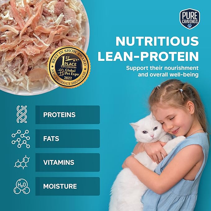 Pure Cravings Chicken and Lamb Recipe in Broth, Shredded Wet Cat Food, Grain-Free Protein, Non-GMO, 12 Pack