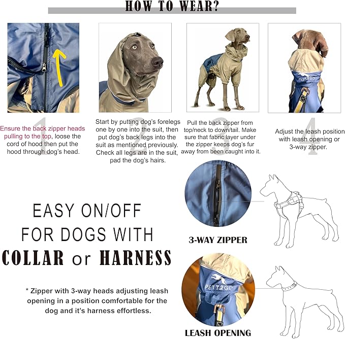 Dog Lightweight Windbreaker, Pet Outdoor Sports Jacket, 0.5 lbs,3 in One, Hooded, Easy on/Off with Collar and Harness, Reflective Piping, Packable, Dog Hiking/Camping, Navy Blue (X-Large)