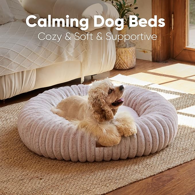 FUKUMARU Dog Bed, Calming Donut Dog Beds for Anxious Puppies, Modern Aesthetic Cat Bed with Gradient Print, Cute Round Pet Beds with Washable Cover, Orthopedic Puppy Bed, Pink, Small, 25 inches