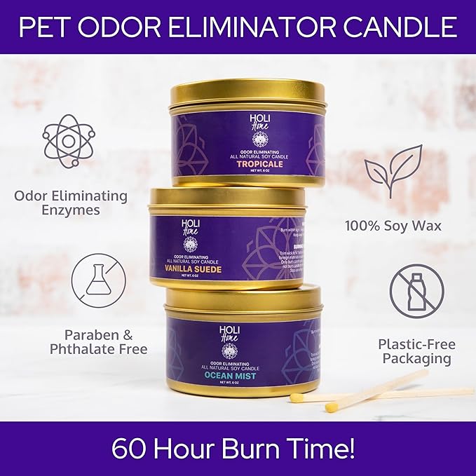 HOLI Pet Odor Eliminator Candle – Vanilla Suede Scent – All Natural Soy Wax, Paraben & Phthalate Free, Pet Safe, Long-Lasting 30-Hour Burn, Non-Toxic & Plastic-Free Air Freshener for Home