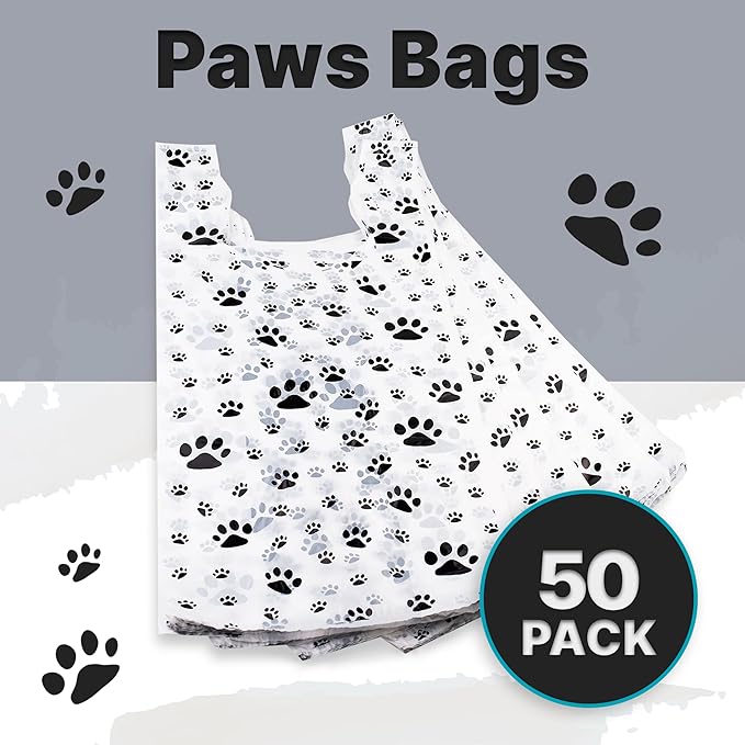 T-Shirt Bags – Paw Print Design - 50 Pack - Thank You & Shopping Bags - Cat or Dog - 22" L x 12" W x 7" Plastic (White, 50)