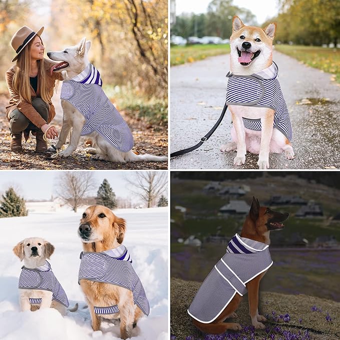 Dog Raincoat for Large Dogs Puppies Waterproof Hooded Rain Jacket with Reflective Strips Leash Hole & Poncho Adjustable Fit (Bluestripe,XL)