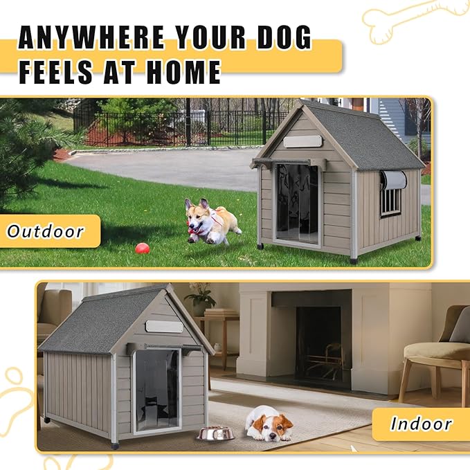 Large Dog House Outdoor, Wooden Indoor Dog House Kennel with Waterproof Roof, Chew-Proof Iron Frame, Doghouse Puppy Shelter for Medium Large Dogs, 30.5''x37.4''x39.3''
