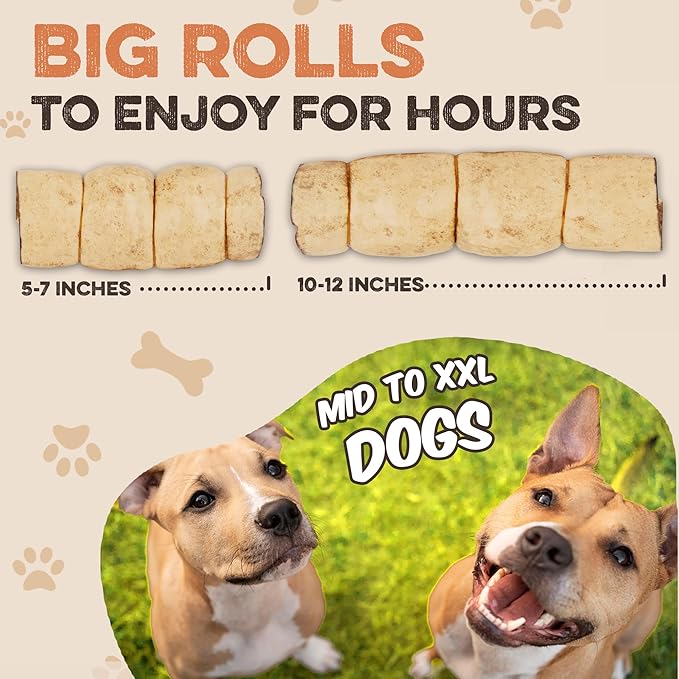 Premium Beef Cheek Rolls for Dogs 10-12" - (5-Pack), Peanut Butter Flavored Long Lasting, Safe & Natural Rawhide Alternative Chews, Ideal for Large Dogs & Aggressive Chewers, Supports Dental Health