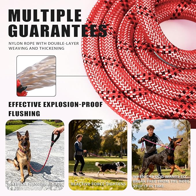 Nylon Dog Leash for Medium Large Dogs, 5-FTReflective Heavy Duty Leash with Comfortable Handle & Poop Bag Dispenser Ring, 1/2 Inch Wide, Secure Reinforcement for Walking (Red, L)