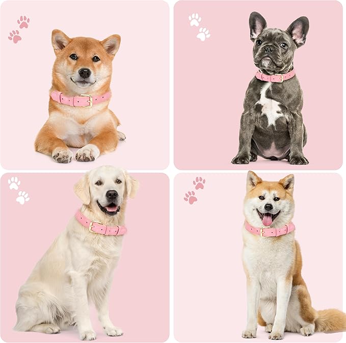 Leather Dog Collar for Large Dogs, Soft Padded Dog Leather Collar with Heavy Duty Gold Buckle, Durable & Comfortable, Pink, L