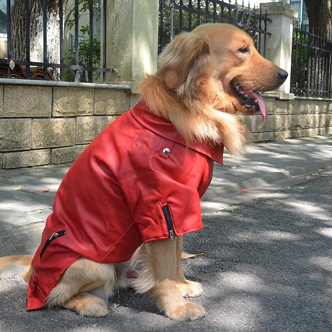 Lovelonglong Cool Dog Leather Jacket, Warm Coats Dogs Windproof Cold Weather Coats for Large Medium Small Dogs, Boston Terrier Clothing Red XXL