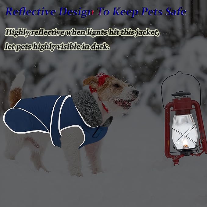 Dogcheer Dog Coat, Waterproof Dog Jacket Reflective Pet Winter Coat with Adjustable Hook & Loop, Christmas Puppy Fleece Jacket Warm Turtleneck Snowsuit for Small Medium Large Dogs - Blue, S