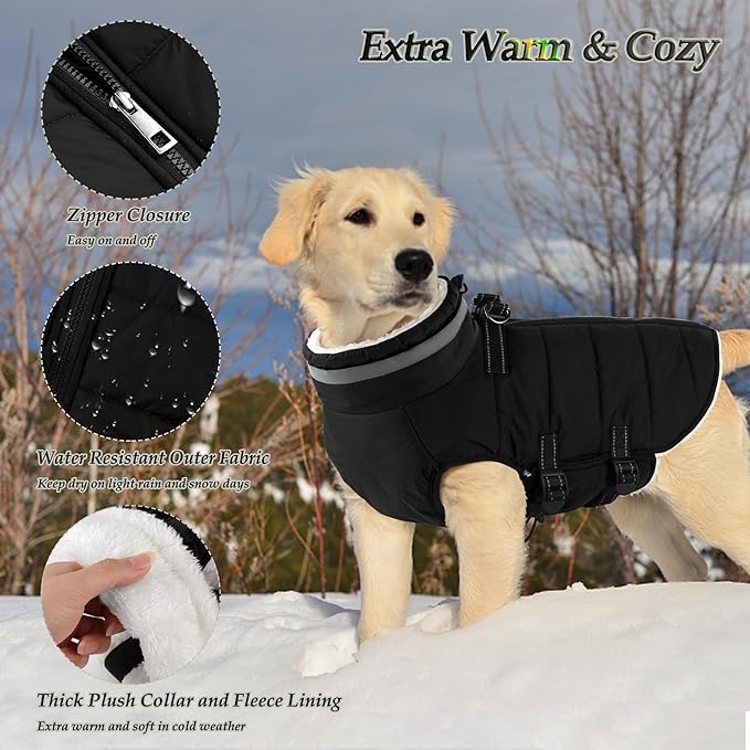 Dogcheer Dog Coat, Waterproof Dog Jacket with Harness, Reflective Adjustable Winter Coat with Zipper, Christmas Pet Snow Jacket Clothes for Small Medium Large Dogs - Black 2XL