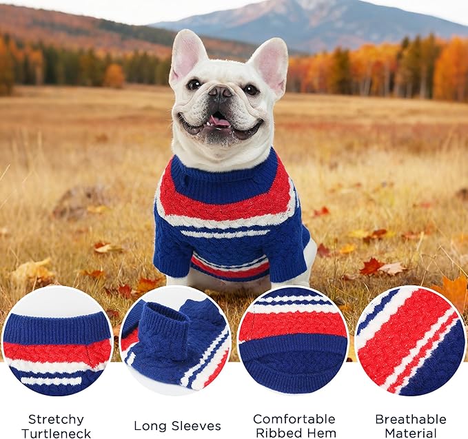 Dog Sweater for Small Medium Dogs & Cats, Classic Turtleneck Knitted Striped Pet Sweater, Warm Winter Soft Christmas Outfit for Boy & Girl Dogs, Small