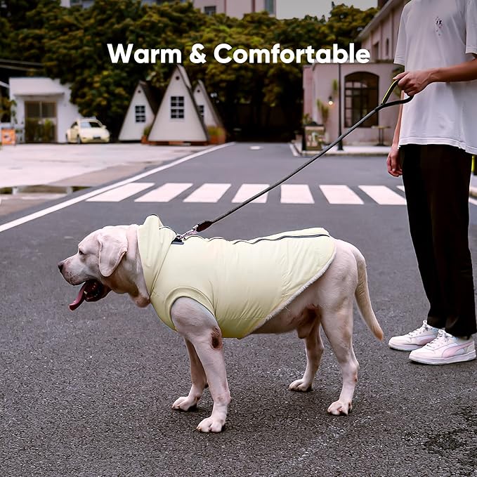 Fleece Lining Dog Hoodie with Harness Built in,Extra Warm Medium Dog Jacket in Winter Doggie Coats with Hooded,Light Yellow XL