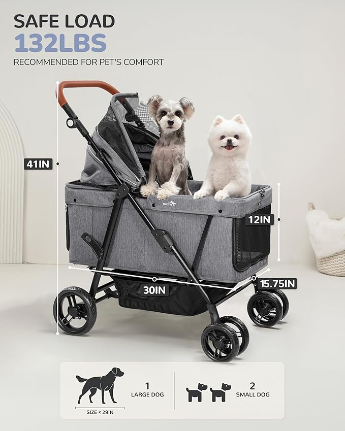 Dog Stroller for Large & Medium Dogs (20–132 lbs), Pet Stroller for 2 Small Dogs, Extra Large Heavy Duty, Foldable & Ventilated, Grey