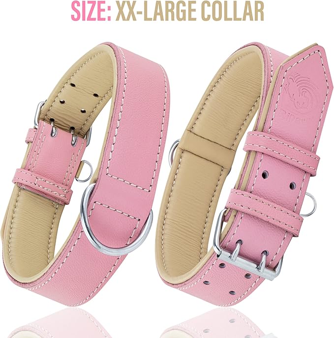 Riparo Genuine Leather Pink Dog Collar Heavy Duty K-9 Adjustable Dog Collar (M: 1” Wide for 13.5”-17.5” Neck, Pink)