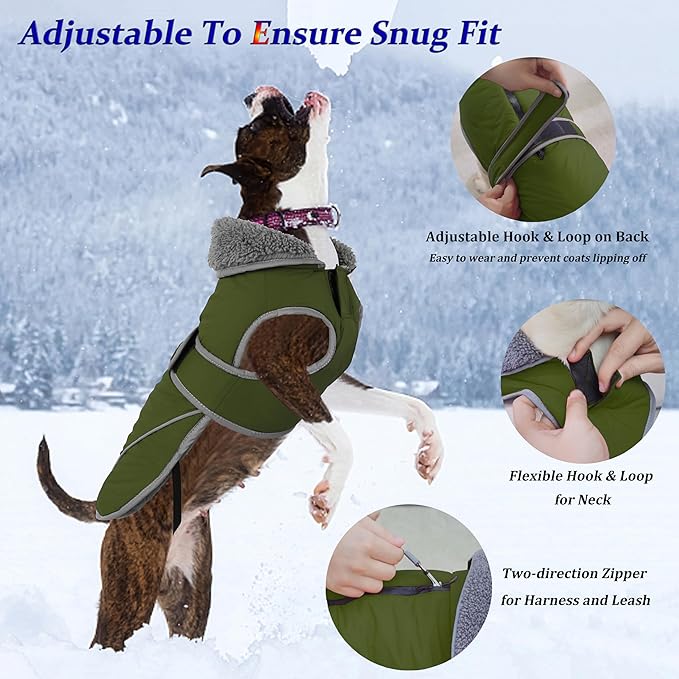 Dogcheer Dog Coat, Waterproof Dog Jacket Reflective Pet Winter Coat with Adjustable Hook & Loop, Christmas Puppy Fleece Jacket Warm Turtleneck Snowsuit for Small Medium Large Dogs - Green, S