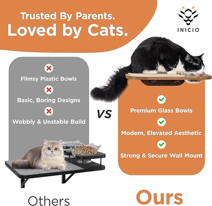 INICIO Cat Wall Shelves – Dog Proof Feeding Station with Wall Mounted Shelves, Durable 3 Step Birch Floating Shelf for Cats Up to 15lbs, Includes Attached Cat Food Bowl for Convenient Feeding – Brown