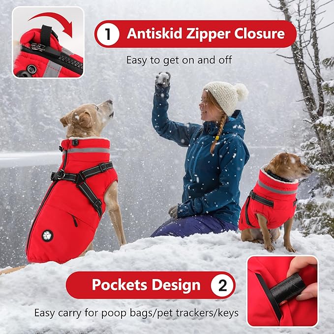 Dogcheer Dog Coat with Harness, Waterproof Dog Jacket, Christmas Puppy Winter Coat with Pocket, Reflective Doggy Turtleneck Puffer Vest for Small Medium Large Dogs - Red, XS