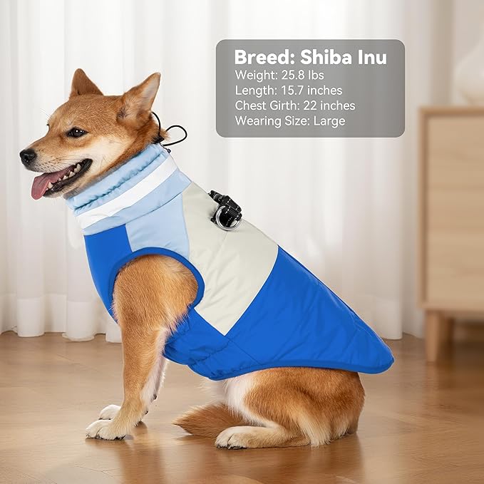 Dog Coat, Waterproof Dog Winter Coats for Small Dogs, Reflective Dogs Jacket with Harness Built in, Zip-up Cold Weather Coats Pet Vest Turtleneck Doggy Snowsuit, Blue Medium