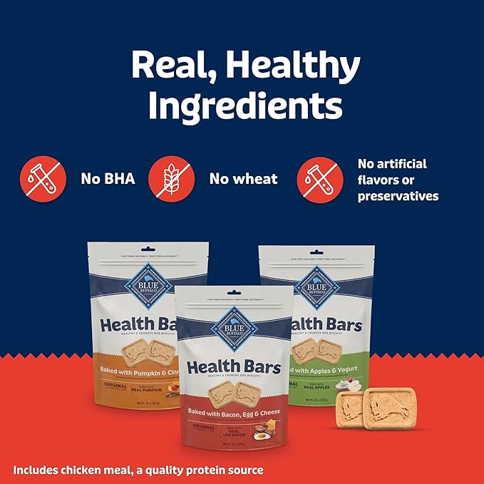 Blue Buffalo Health Bars Crunchy Dog Biscuits, Variety Pack, Bacon, Egg & Cheese, Apple & Yogurt, Pumpkin & Cinnamon, 16-oz Bags