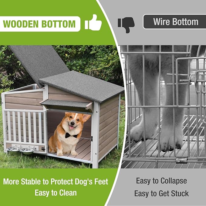 Dog House Outdoor for Large Breed with Anti-Chewing Iron Frame, Weatherproof Puppy Kennel with 360° Rotating Bowls, Dog Crate for Small & Medium Dogs Outside (Light Brown)