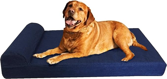 Dogbed4less Premium HeadRest Pillow Orthopedic Cool Memory Foam Dog Bed for Large Dogs, Waterproof Lining with Washable Denim Blue Cover, XXL 55X37