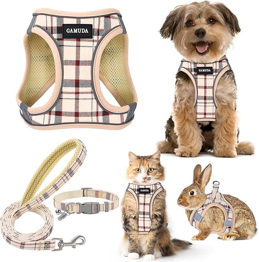 GAMUDA Small Dog Harness Collar and Leash Set, Step in No Chock No Pull Soft Mesh Adjustable Dog Vest Harnesses Plaid Reflective for Dogs Puppy Cats Kitten Rabbit (Beige Red, XXXS)