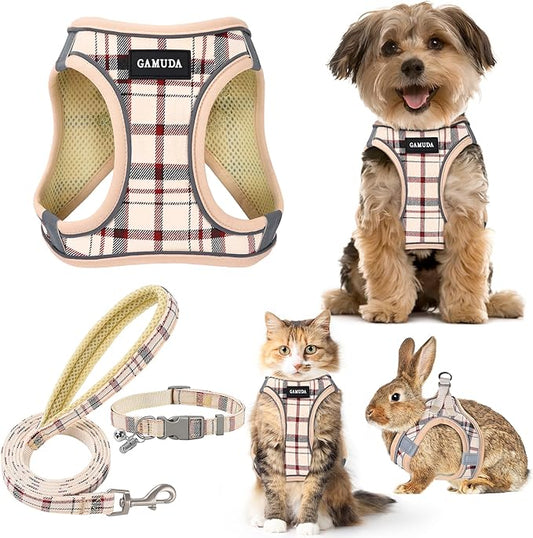 GAMUDA Small Dog Harness Collar and Leash Set, Step in No Chock No Pull Soft Mesh Adjustable Dog Vest Harnesses Plaid Reflective for Dogs Puppy Cats Kitten Rabbit (Beige, XS)