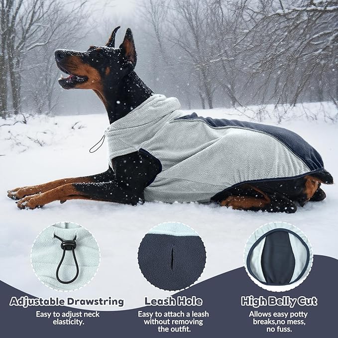 IECOii Great Dane Fleece Dog Sweater, Extra Large Dog Fleece Sweater for Giant Breeds Dogs Turtlenck, Cozy Warm Dogs Hoodie with Leash Hole, Fall Winter Walks Easily, Machine Washable, Blue, 5XL