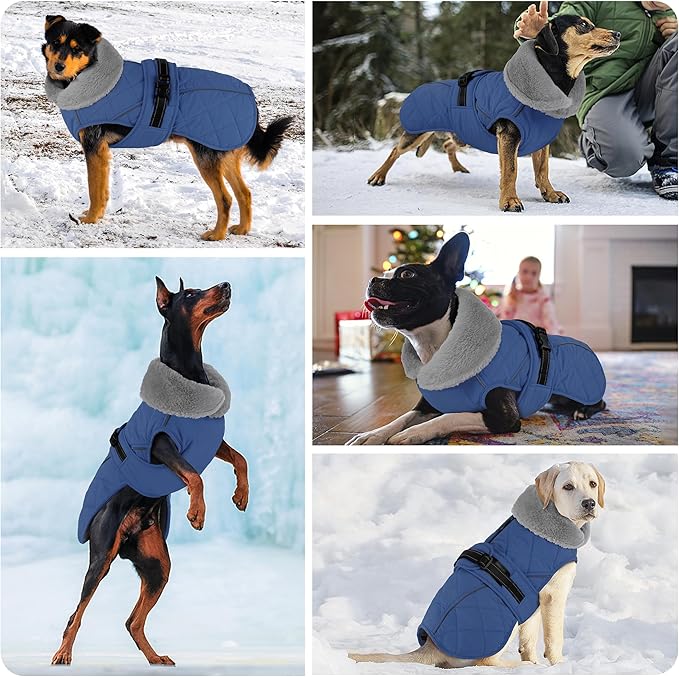 Dog Coat, Waterproof Dog Winter Jacket with Adjustable Buckle, Reflective Turtleneck Pet Snow Vest Warm Fleece Sweater for Small Medium Large Dogs - Blue, L