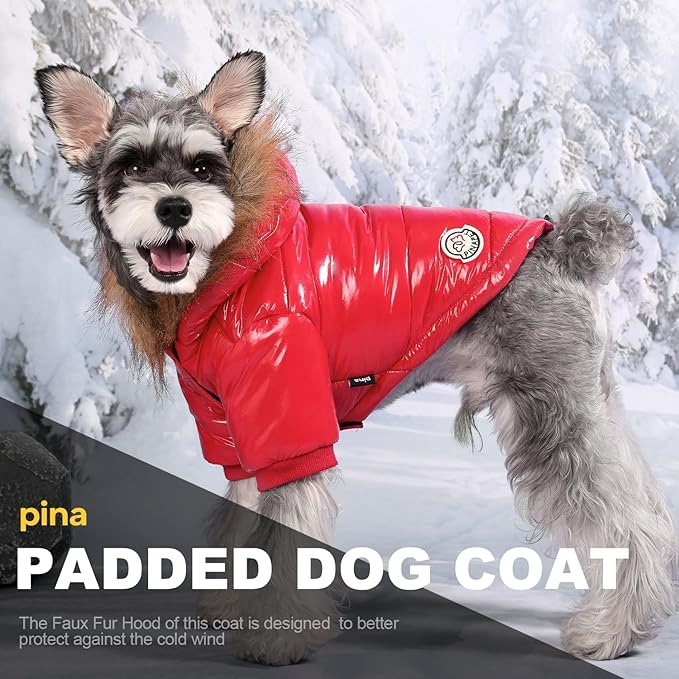 PINA Dog Winter Coat with Faux Fur Hood, Windproof and Warm, Red, S - Suitable for Small to Large Dogs