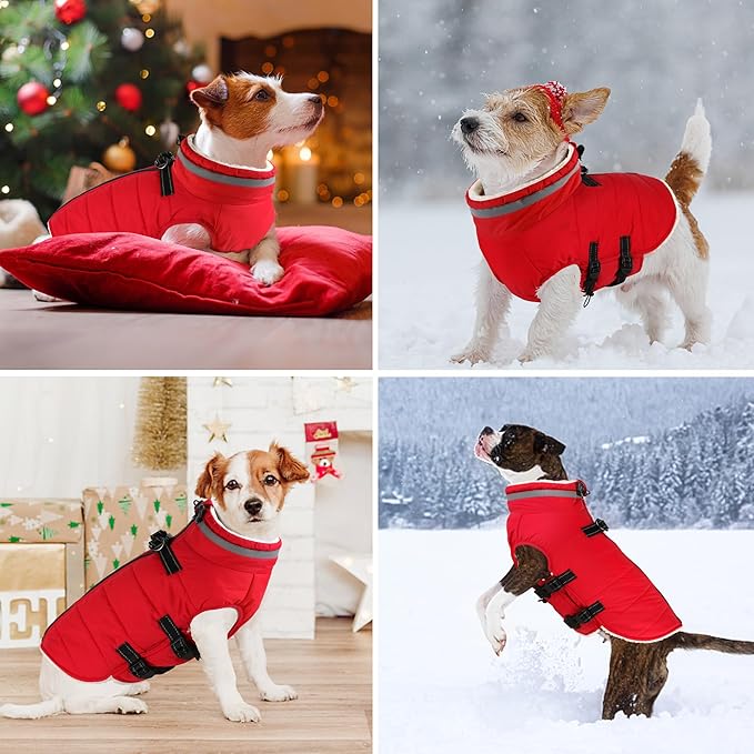 Dogcheer Dog Coat with Harness, Waterproof Dog Jacket Adjustable Pet Winter Coat with Zipper, Christmas Puppy Snow Jacket Fleece Sweater for Small Medium Large Dogs - Red S