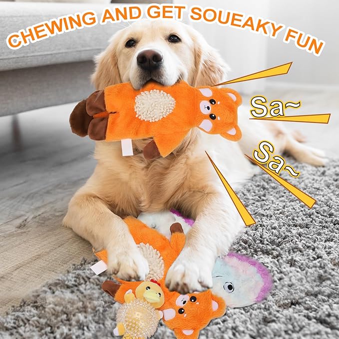 Non-Stuffed Plush Dog Toys 3-Pack - Sized for Small, Medium & Large Breed Puppies, Interactive Squeaky Crinkle Chew Toys
